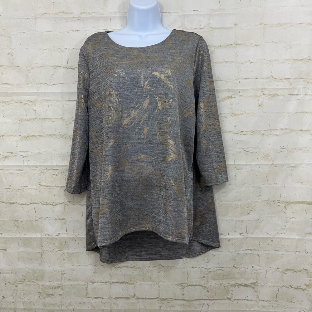 Zac & Rachel Silver Gold High Low Hem 3/4 Sleeve Top